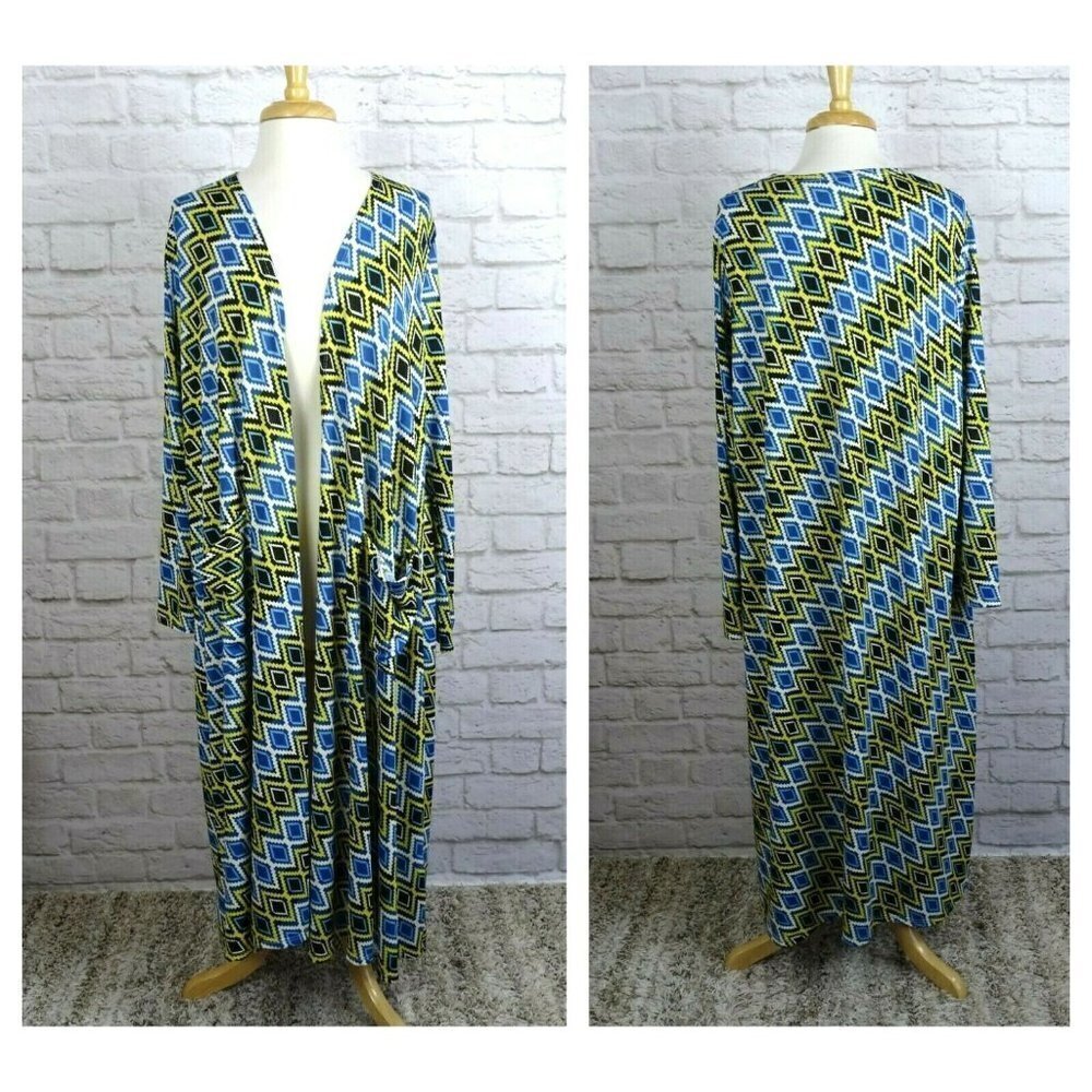 LuLaRoe Duster Cardigan Sweater Topper Cover Up Pockets Geometric Long Size L